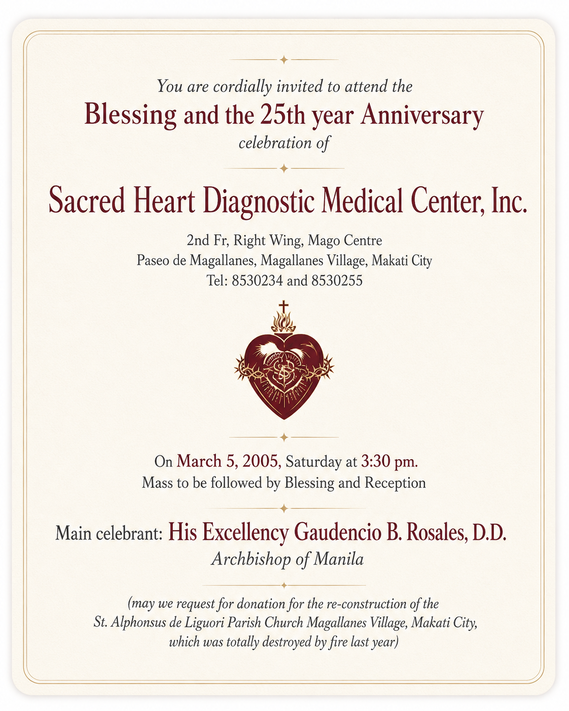 Original invitation to the Blessing and 25th Anniversary Celebration on March 5, 2005