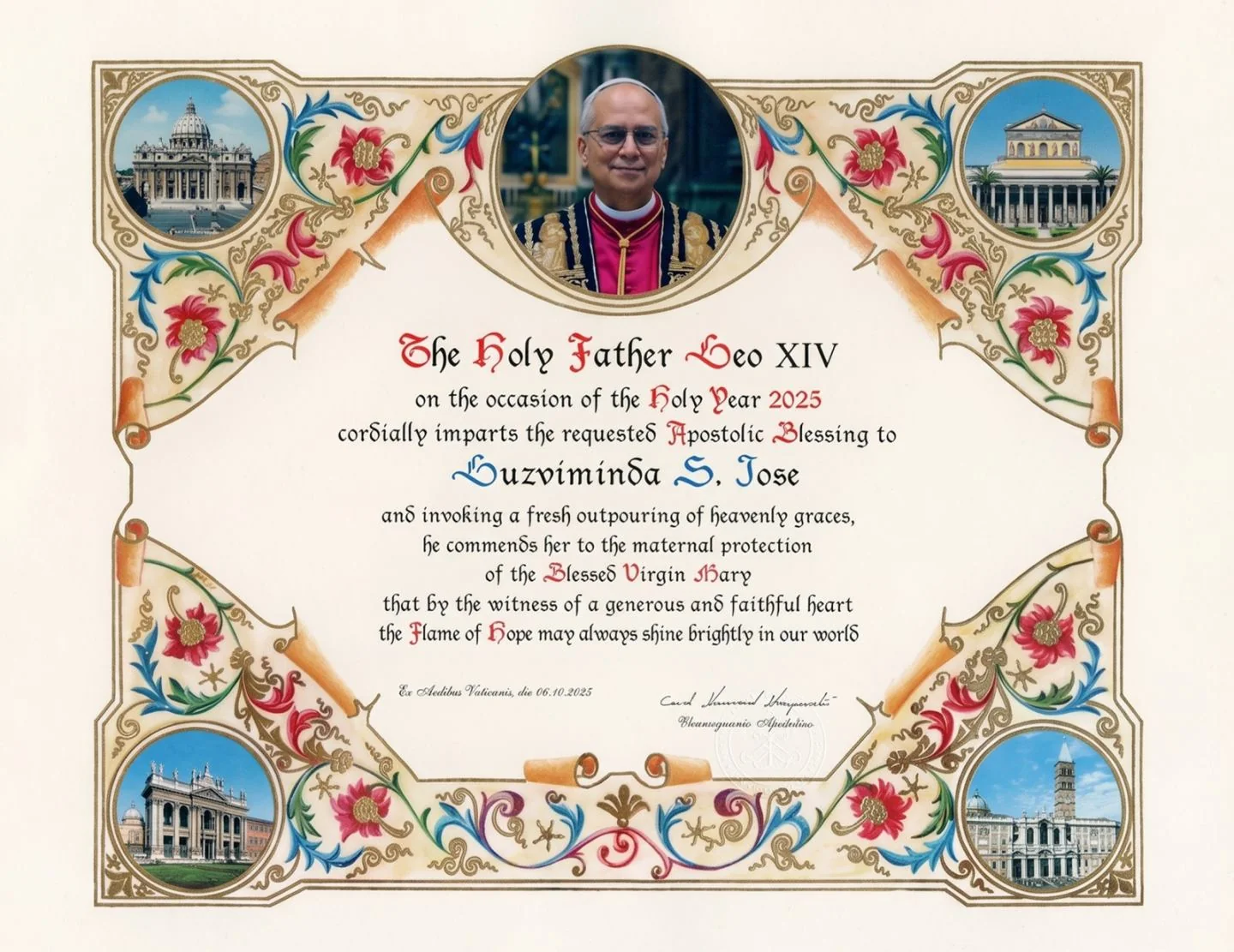 Apostolic blessing certificate presented to Luzviminda S. Jose
