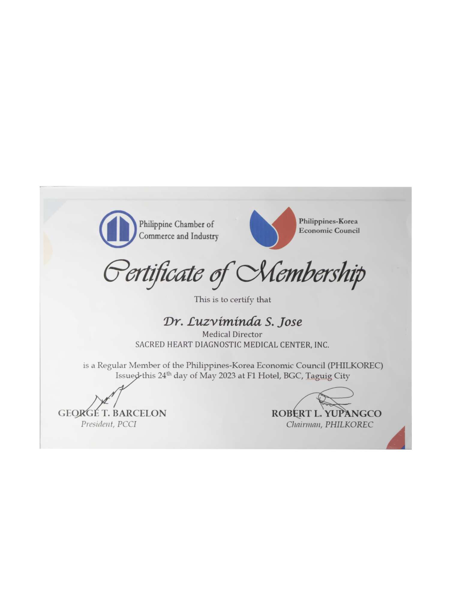 Certificate of Membership — Philippines-Korea Economic Council (PHILKOREC)