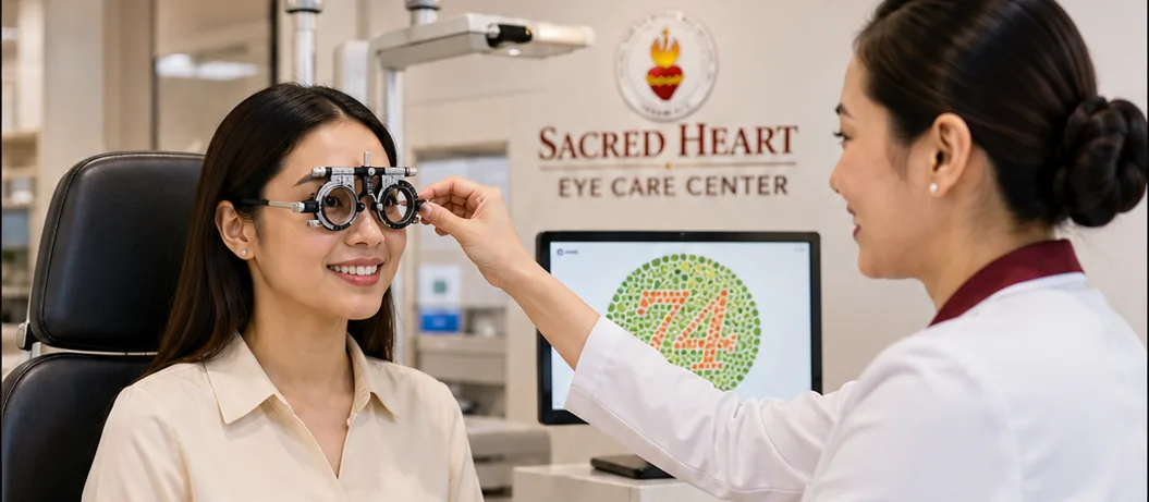 Sacred Heart eye care professional performing a vision assessment for an adult patient.