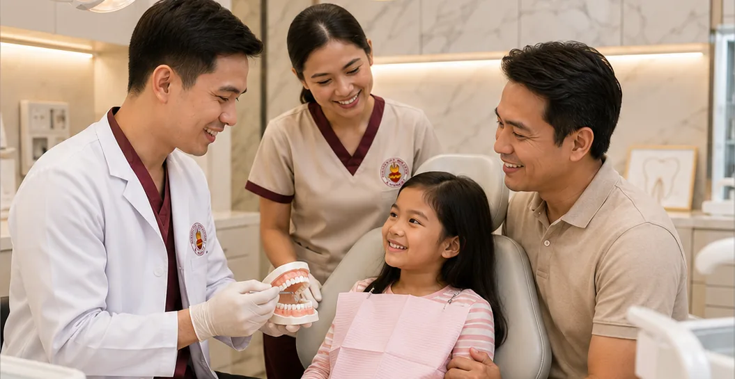 Sacred Heart dental team explaining oral care to a child and parent.
