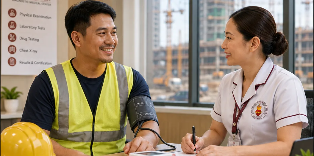 Sacred Heart occupational health nurse checking a construction worker during a workplace medical examination.
