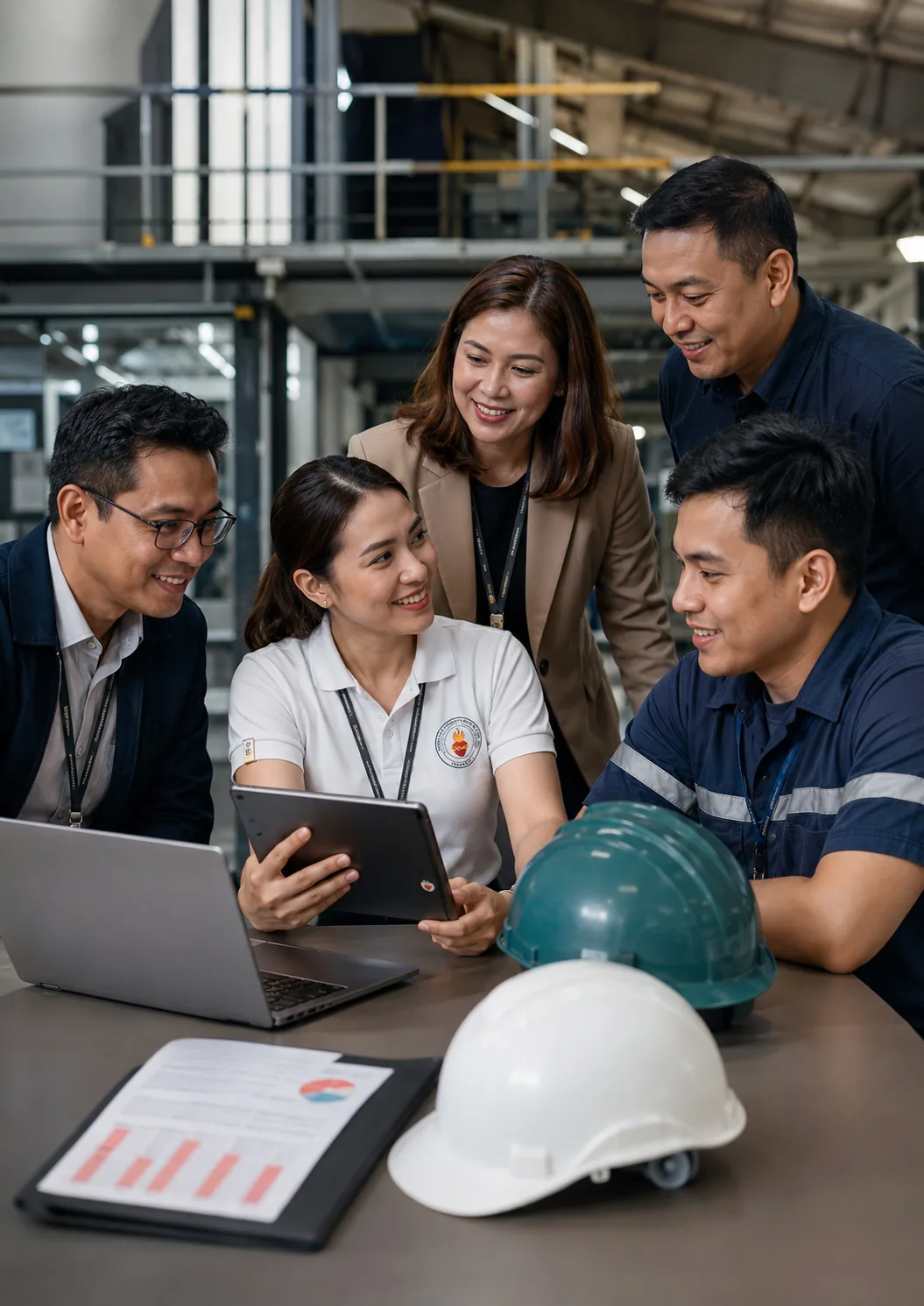 Healthcare and industrial professionals collaborating around a tablet at a worksite.