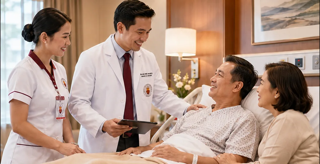Sacred Heart doctor and nurse speaking with a patient and companion during clinical care.
