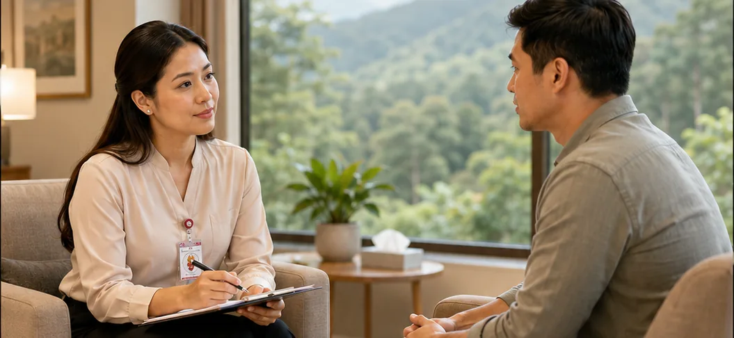 Healthcare representative listening to a patient during a private consultation.